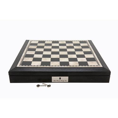 Dal Rossi Italy Chess Set Black Finish PU Leather Bevelled Edge 16" With Compartments and Metal/Marble Finish Chess Pieces