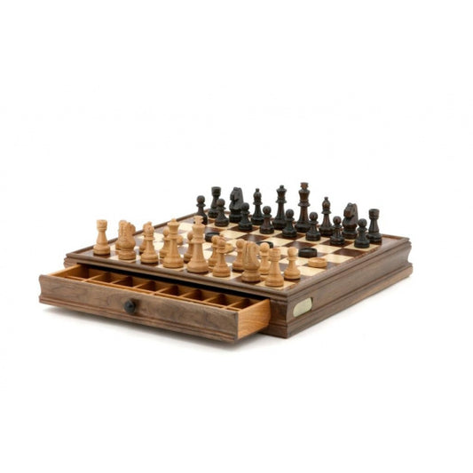 Dal Rossi Chess / checkers, walnut box, with drawers and chess piece compartments, 15