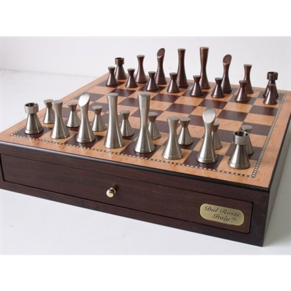 Dal Rossi Italy, Contemporary Chess with drawers 18" (Walnut Finish) with Contemporary Pewter Chess Pieces