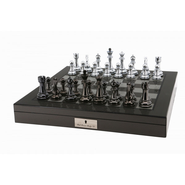 Dal Rossi Italy Silver/Titanium Chess Set on Carbon Fibre Shiny Finish Chess Box 20” with compartments