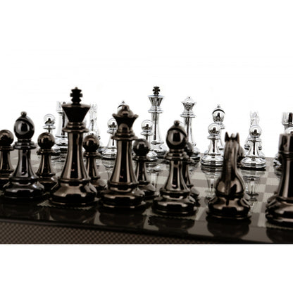 Dal Rossi Italy Silver/Titanium Chess Set on Carbon Fibre Shiny Finish Chess Box 20” with compartments