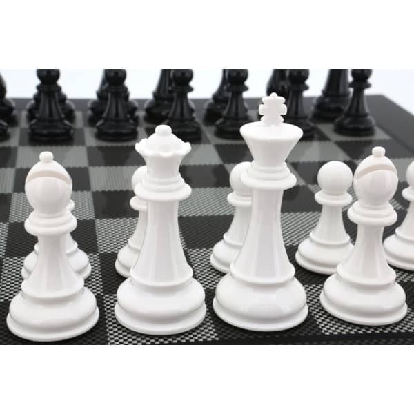 Dal Rossi Italy Black/White Chess Set on Carbon Fibre Shiny Finish Chess Box 20” with compartments