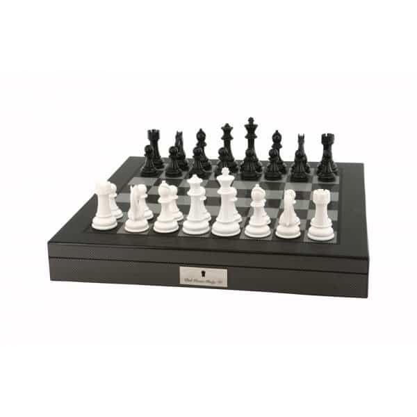 Dal Rossi Italy Black/White Chess Set on Carbon Fibre Shiny Finish Chess Box 20” with compartments