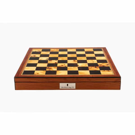 Dal Rossi Italy Chess Box Walnut Finish Chess Box 20” with compartments with Staunton Metal and Wood Gold 100mm Chessmen