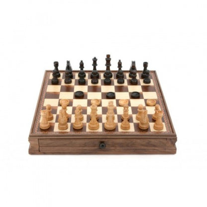 Dal Rossi Chess / checkers, walnut box, with drawers and chess piece compartments, 15