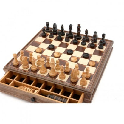 Dal Rossi Chess / checkers, walnut box, with drawers and chess piece compartments, 15