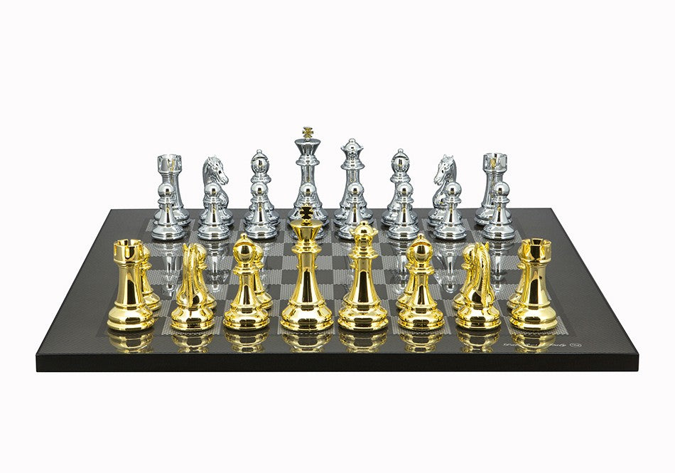 Dal Rossi Italy Gold / Titanium Chess Set on Carbon Fibre Finish Chess Board 50cm