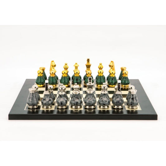 Dal Rossi Italy Chess Set Flat  Black/Erable Board 40cm, With Gray and Green Gold and Silver Metal Tops and Bottoms Chess Pieces 90mm