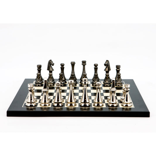 Dal Rossi Italy Chess Set Flat  Black/Erable Board 40cm, With Metal Dark Titanium and Silver chessmen 85mm