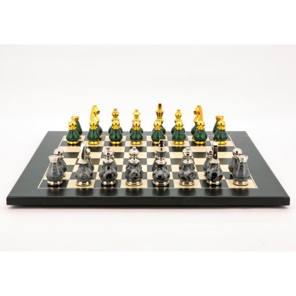 Dal Rossi Italy Chess Set Flat  Black/Erable Board 50cm, With Gray and Green Gold and Silver Metal Tops and Bottoms Chess Pieces 90mm