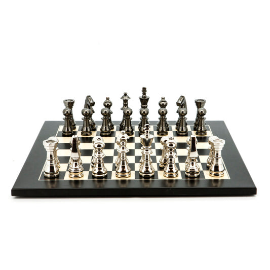 Dal Rossi Italy Chess Set Flat  Carbon Fibre Board 50cm, With Metal Dark Titanium and Silver chessmen 115mm