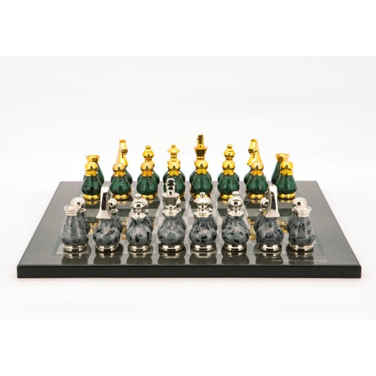 Dal Rossi Italy Chess Set Carbon Fibre Finish Flat Board 40cm,  With Gray and Green Gold and Silver Metal Tops and Bottoms Chess Pieces 90mm