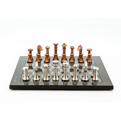 Dal Rossi Italy Chess Set Flat  Carbon Fibre Finish Board 40cm, With Metal Copper and silver Chessmen 80mm