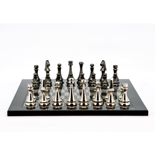 Dal Rossi Italy Chess Set Flat  Carbon Fibre Board 50cm, With Metal Dark Titanium and Silver chessmen 85mm