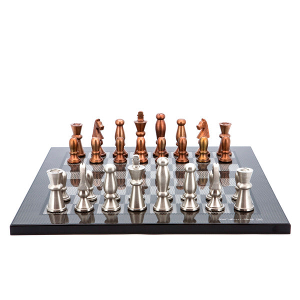 Dal Rossi Italy Chess Set Carbon Fibre Finish Flat Board 40cm, With Copper &amp; Silver Weighted Metal Chess Pieces 85mm pieces