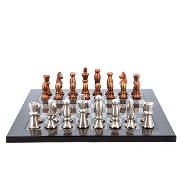 Dal Rossi Italy Chess Set Carbon Fibre Finish Flat Board 40cm, With Copper &amp; Silver Weighted Metal Chess Pieces 85mm pieces