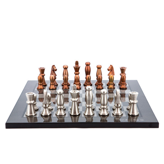 Dal Rossi Italy Chess Set Carbon Fibre Finish Flat Board 40cm, With Copper &amp; Silver Weighted Metal Chess Pieces 85mm pieces