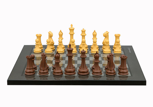 Dal Rossi Italy Chess Set Flat  Carbon Fibre Finish Board 40cm, With Queens Gambit Chessmen 90mm