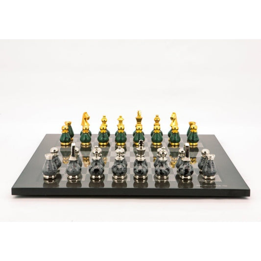 Dal Rossi Italy Chess Set Carbon Fibre Finish Flat Board 50cm,  With Gray and Green Gold and Silver Metal Tops and Bottoms Chess Pieces 90mm