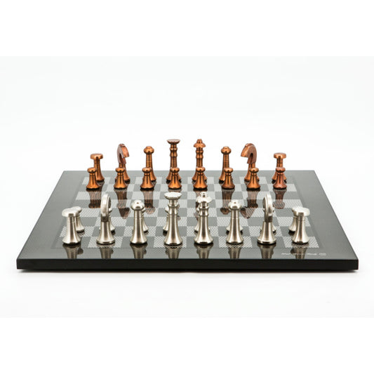 Dal Rossi Italy Chess Set Flat  Carbon Fibre Finish Board 50cm, With Metal Copper and silver Chessmen 80mm