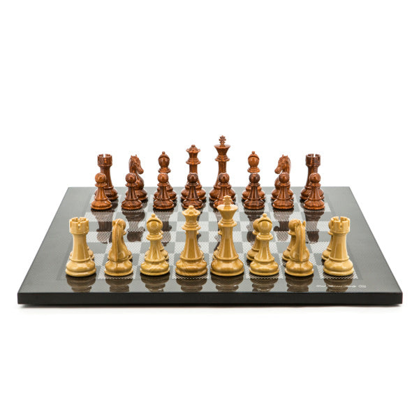 Dal Rossi Italy Chess Set Flat Carbon Fibre Board 50cm, Brown and Box Wood Grain Finish Chess Pieces 110mm