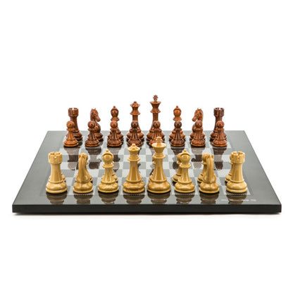 Dal Rossi Italy Chess Set Flat Carbon Fibre Board 50cm, Brown and Box Wood Grain Finish Chess Pieces 110mm