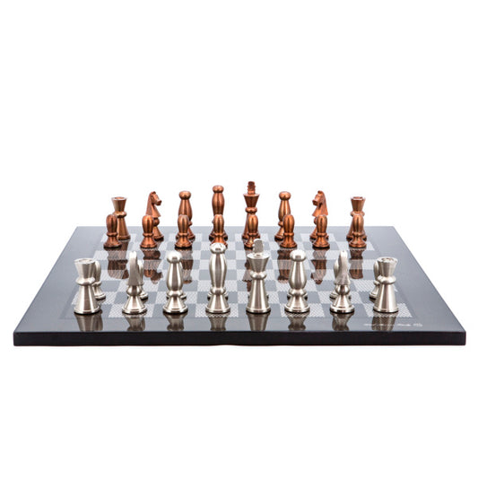 Dal Rossi Italy Chess Set Carbon Fibre Finish Flat Board 50cm, With Copper and Silver Weighted Metal Chess Pieces 85mm pieces