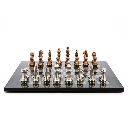 Dal Rossi Italy Chess Set Carbon Fibre Finish Flat Board 50cm, With Copper &amp; Silver Weighted Metal 100mm Chess Pieces