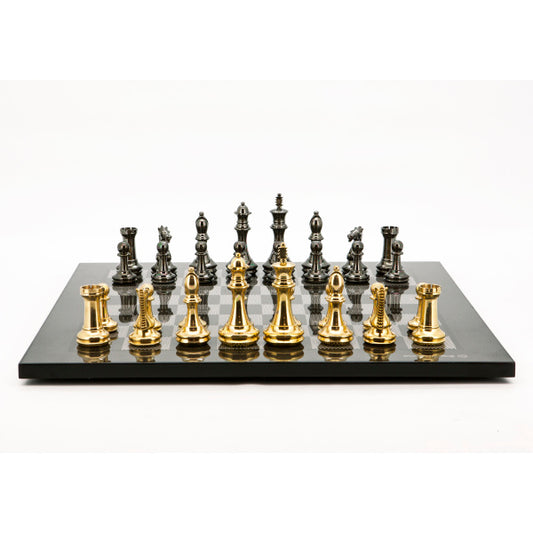 Dal Rossi Italy Chess Set Carbon Fibre Board 50cm, With Very Heavy Brass Staunton Gold and Silver chessmen 110mm