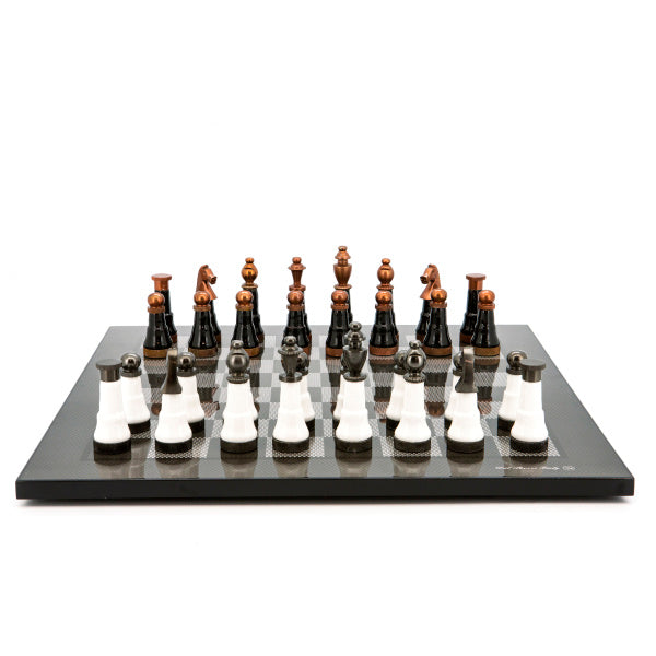 Dal Rossi Italy Chess Set Flat  Carbon Fibre 50cm, With Black and White with Copper and Gun Metal Gray Tops and Bottoms Chess Pieces 110mm