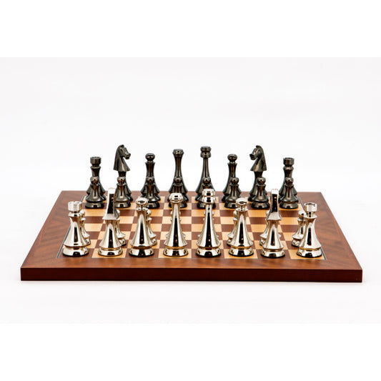 Dal Rossi Italy Chess Set Mahogany Maple Flat Board 40cm, With Metal Dark Titanium and Silver chessmen 85mm