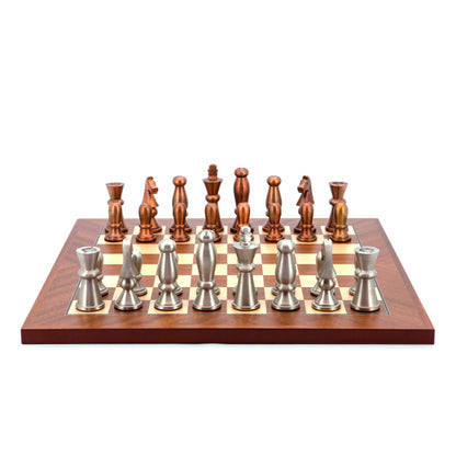 Dal Rossi Italy Chess Set Mahogany Maple Flat Board 40cm, With Copper Silver Weighted Metal Chess Pieces 85mm