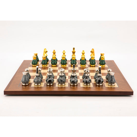 Dal Rossi Italy Chess Set Mahogany Maple Flat Board 50cm, With Gray and Green Gold and Silver Metal Tops and Bottoms Chess Pieces 90mm