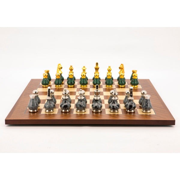 Dal Rossi Italy Chess Set Palisander / Maple Flat Board 40cm, With Gray and Green Gold and Silver Metal Tops and Bottoms Chess Pieces 90mm