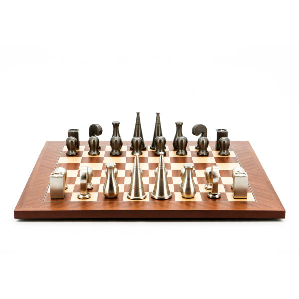 Dal Rossi Italy Chess Set Mahogany Maple Flat Board 50cm, With Metal Dark Titanium and Silver 90mm Chessmen