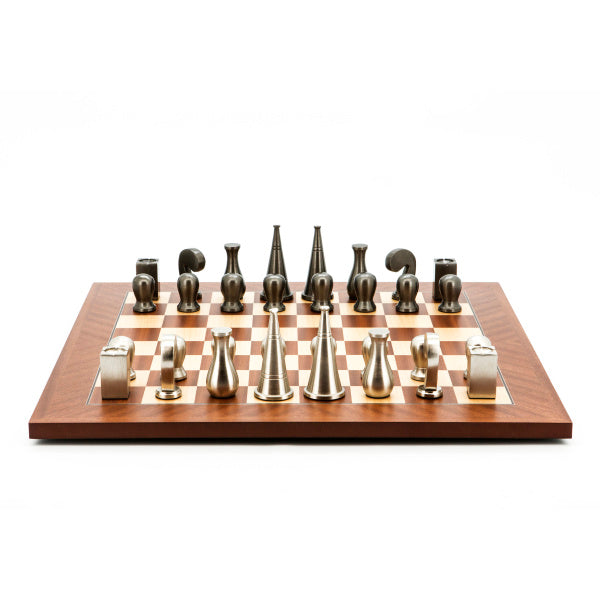 Dal Rossi Italy Chess Set Mahogany Maple Flat Board 50cm, With Metal Dark Titanium and Silver 90mm Chessmen