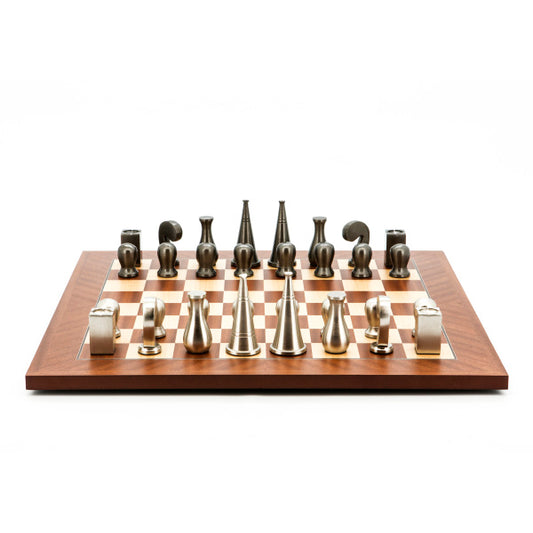 Dal Rossi Italy Chess Set Mahogany Maple Flat Board 50cm, With Metal Dark Titanium and Silver 90mm Chessmen