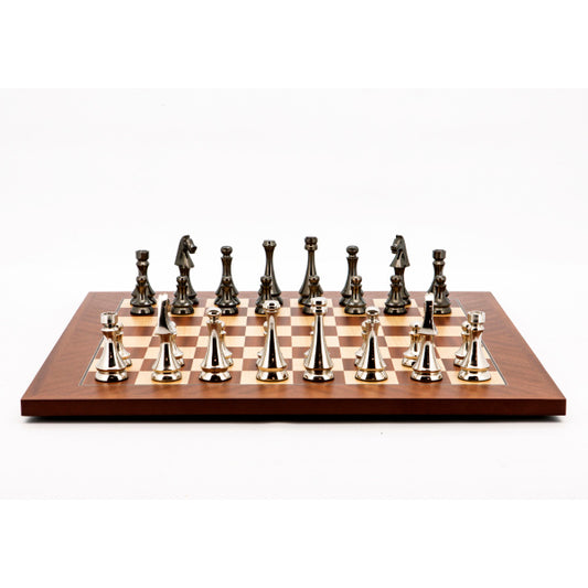 Dal Rossi Italy Chess Set Mahogany Maple Flat Board 50cm, With Metal Dark Titanium and Silver chessmen 85mm