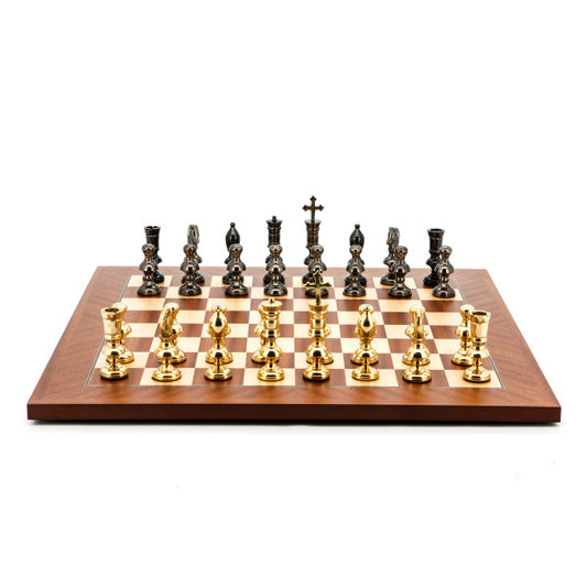 Dal Rossi Italy Chess Set Mahogany Maple Flat Board 50cm, With Metal Dark Titanium and Gold Chessmen 110mm