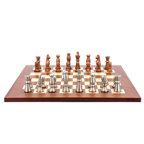 Dal Rossi Italy Chess Set Mahogany Flat Board 50cm, With Copper &amp; Silver Weighted Metal Chess Pieces