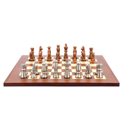 Dal Rossi Italy Chess Set Mahogany Flat Board 50cm, With Copper &amp; Silver Weighted Metal Chess Pieces