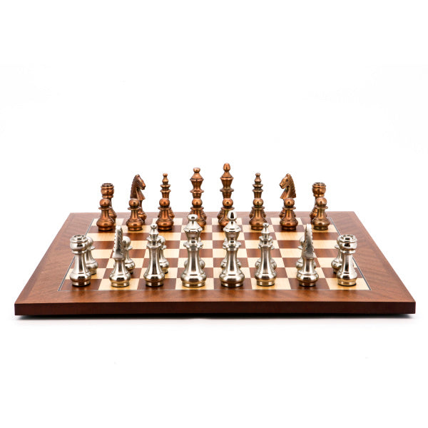 Dal Rossi Italy Chess Set Mahogany Flat Board 50cm, With Copper and Silver Weighted Metal 100mm Chess Pieces