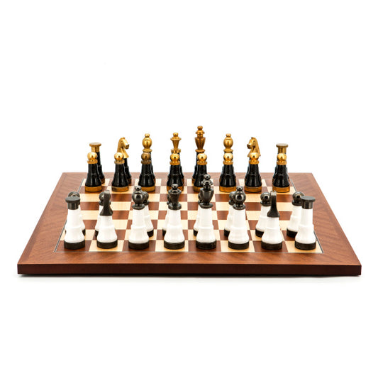 Dal Rossi Italy Chess Set Mahogany Maple Flat Board 50cm, With Black and White with Gold and Gun Metal Tops and Bottoms Chessmen 110mm