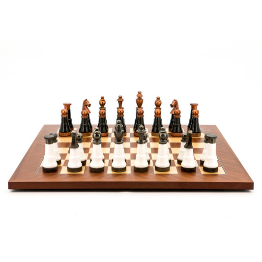 Dal Rossi Italy, Black and White with Copper and Gun Metal Gray Tops and Bottoms Chessmen on a Mahogany/Maple 50cm