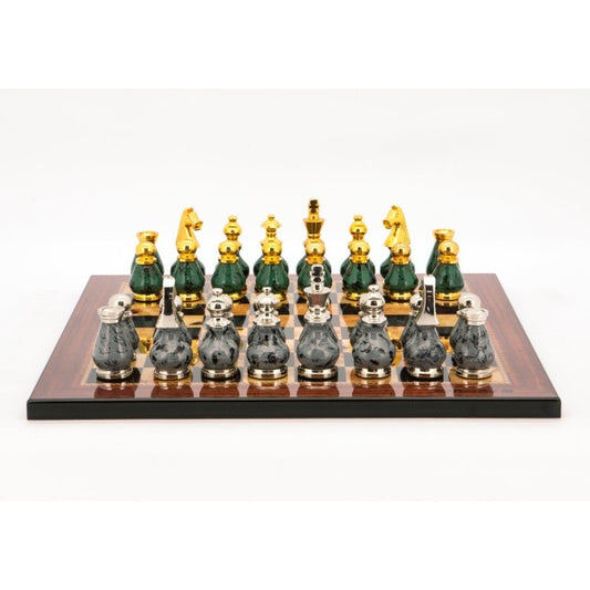 Dal Rossi Italy Chess Set Walnut Finish Flat Board 40cm, With Gray and Green Gold and Silver Metal Tops and Bottoms Chess Pieces 90mm