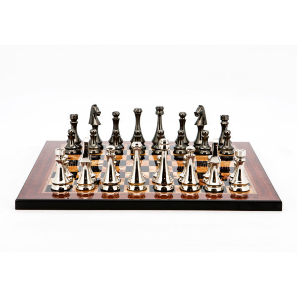 Dal Rossi Italy Chess Set Flat  Walnut Finish Board 40cm, With Metal Dark Titanium and Silver chessmen 85mm