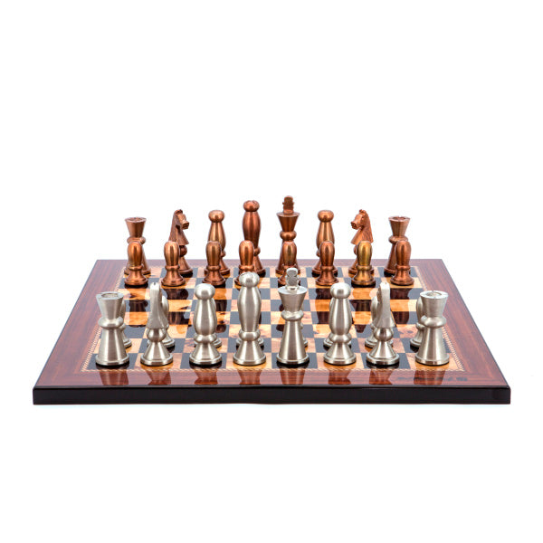 Dal Rossi Italy Chess Set Walnut Finish Flat Board 40cm, With Copper &amp; Silver Weighted Metal Chess Pieces 85mm pieces