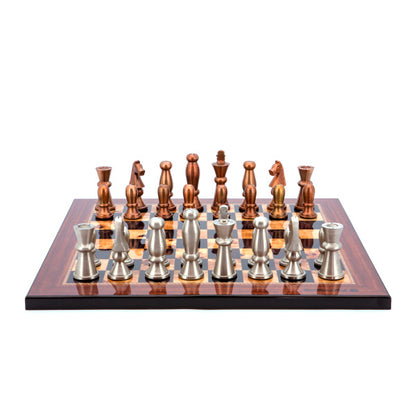 Dal Rossi Italy Chess Set Walnut Finish Flat Board 40cm, With Copper &amp; Silver Weighted Metal Chess Pieces 85mm pieces