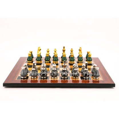 Dal Rossi Italy Chess Set Walnut Finish Flat Board 50cm, With Gray and Green Gold and Silver Metal Tops and Bottoms Chess Pieces 90mm