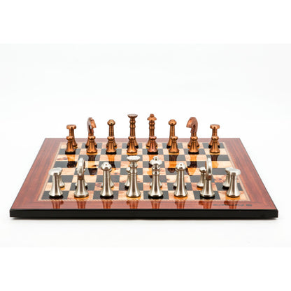 Dal Rossi Italy Chess Set Flat  Walnut Shiny Finish Board 50cm, With Metal Copper and silver Chessmen 80mm